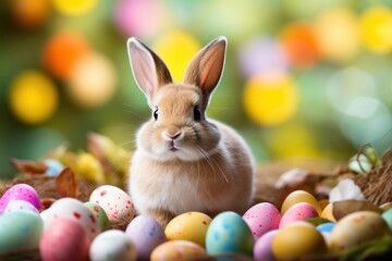 Fototapeta na wymiar Vibrant background adorned with a charming bunny, colorful eggs, and festive cheer