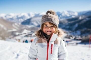 Fototapeta na wymiar Lively Little girl ski resort. Hotel skier. Generate AI