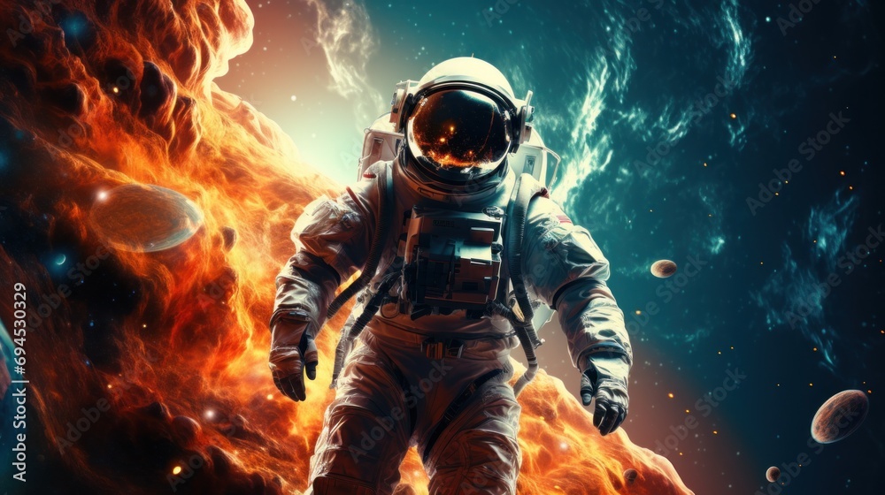 Wall mural vibrant astronaut in space, surrounded by cosmic wonders, offering ample copy space for text