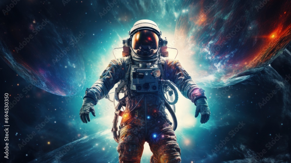 Wall mural vibrant astronaut in space, surrounded by cosmic wonders, offering ample copy space for text