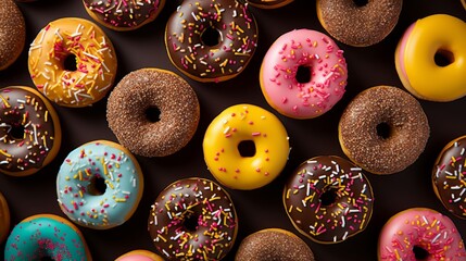 Donuts pattern. Different types of donuts on dark background. Chocolate, glaze and caramel donuts - obrazy, fototapety, plakaty