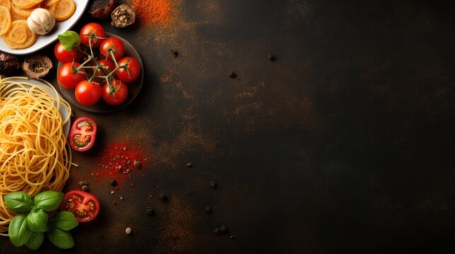 A tempting dinner arrangement with pasta, antipasti, and inviting copy space for text