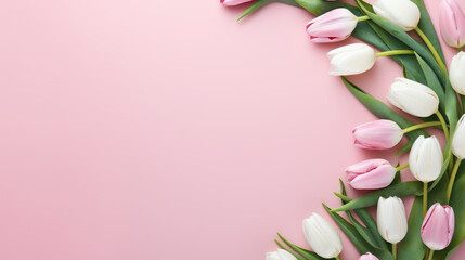 Fototapeta premium Gift box with a satin ribbon surrounded by pink tulips and delicate petal decorations on a pastel pink background