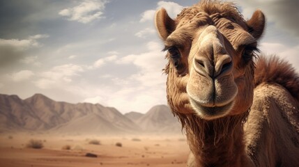  a camel standing in the middle of a desert with mountains in the backgrouds and clouds in the sky.