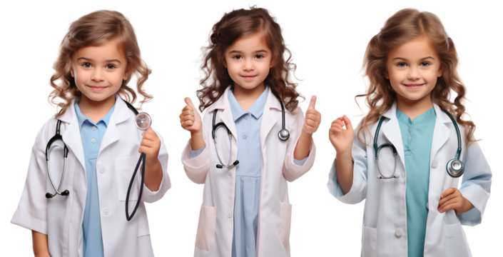 Little girl in medical uniform, future children's dream career concept. Isolated on transparency, png.