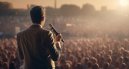 man with a microphone at a large outdoor event - obrazy, fototapety, plakaty