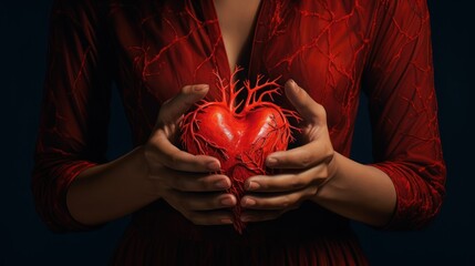  a woman in a red dress holding a red heart in her hands with blood dripping all over the sides of her body.