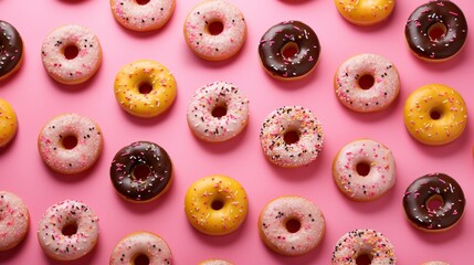 Donuts pattern. Different types of donuts on pink background. Chocolate, glaze and caramel donuts - obrazy, fototapety, plakaty