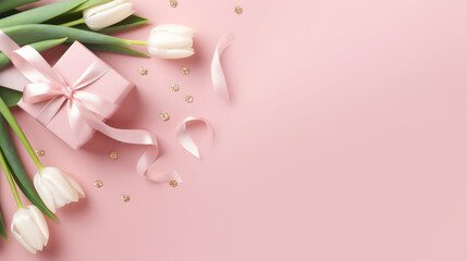 Naklejka premium Gift box with a satin ribbon surrounded by pink tulips and delicate petal decorations on a pastel pink background