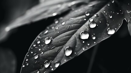 Large beautiful drops of transparent rain water on leaves macro. Close-up of plant leaf. black tone