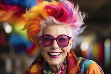 An elderly smiling woman with bright multi-colored hair, lilac sunglasses and bright clothes