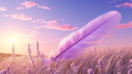  a purple feather sitting in the middle of a field of tall grass with the sun setting in the distance behind it.