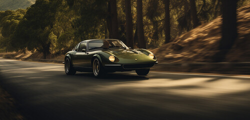 An olive green super-sport car with matte finish, speeding on a dark, rustic country lane