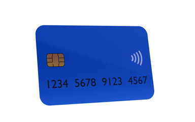 Blue Contactless Credit Card with Chip and Embossed Numbers. 3D renedr.