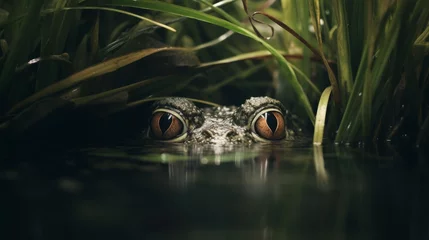   toad peeking from behind aquatic plants, frog © Zahid