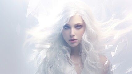  a woman with long white hair and blue eyes is posing for a picture with her hair blowing in the wind.