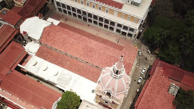 Cartagena, Colombia. Drone Shot of The old town of Cartagena with Santa Catalina cathedral. Aerial shot of the beautiful Cartagena city. High quality 4k footage. 