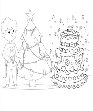 Christmas tree with snowman coloring page for children 
