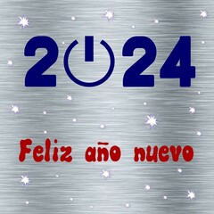 Silver square wish card new year written in spanish in red and blue with stars and symbol "on"	