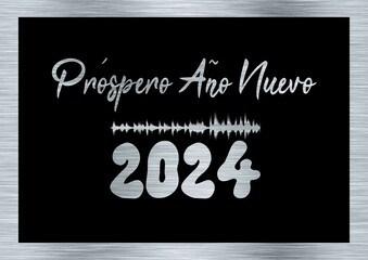 Silver and black wish card new year 2024 written in spanish with a sound wave	