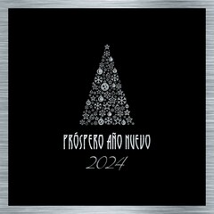 Silver and black squared wish card new year 2024 written in spanish with a christmas tree with balls and snowflakes	