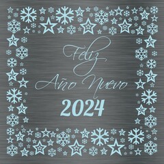 Silver and light blue square wish card new year 2024 written in spanish with stars and snowflakes	