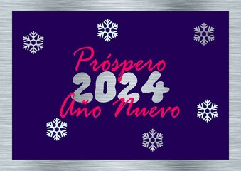 Silver and purple greeting card Happy New Year 2024 written in spanish in pink with snowflakes	