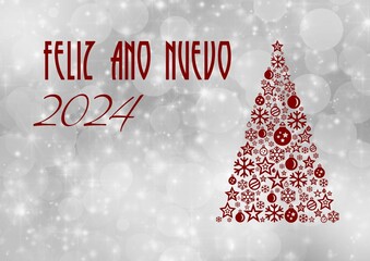 Silver and red greeting card new year 2024 written in spanish with a christmas tree with balls and snowflakes on a starry snowy background	