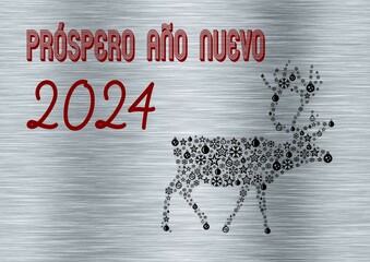 Silver wish card new year 2024 written in spanish in red with a black reindeer with balls and snowflakes	