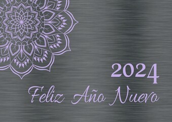 Silver and mauve wish card new year 2024 written in spanish with a mandala flower	