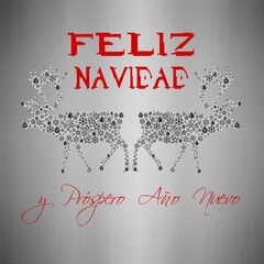 Silver square wish card merry christmas and new year 2024 written in spanish in red with 2 black reindeers with balls and snowflakes	