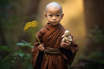 Serene Little asian monk. Kids thai culture. Generate Ai - obrazy, fototapety, plakaty
