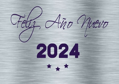 Silver wish card new year 2024 written in spanish in purple with 3 stars	