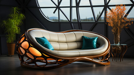Leather Sofa With Cushions In The Office, Designer Furniture 