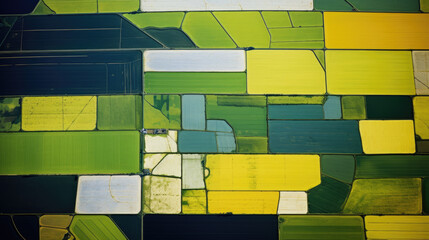 Aerial view of a patchwork of variously colored agricultural fields
