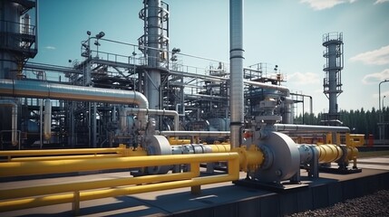 Pipelines in a gas compression station. Pipeline valves in an oil and gas processing plant.