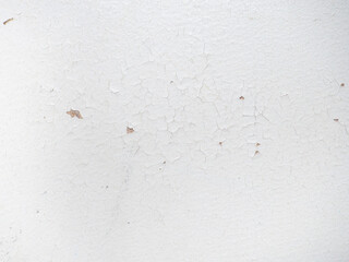 Part of an old door. White paint is coming off the wood. Surface with peeling paint.  Destroyed...