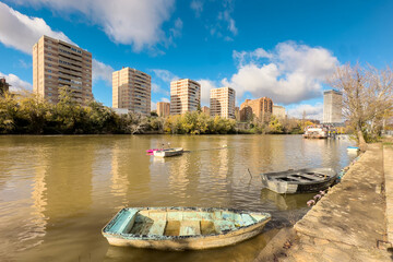 Fototapeta na wymiar Scenic view of Pisuerga riverbank in Valladolid, Castile and Leon, Spain. High quality photography