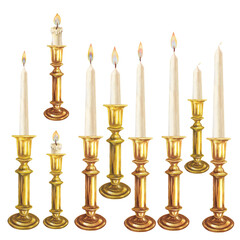 Watercolor white vertical short and long candles with flame in gold and brass candlesticks for Christmas, Candlemas, wedding, birthday, Easter, magic, memorial day, spa and relaxion