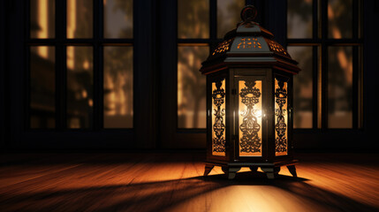 Traditional ornate lantern with a lit candle inside is placed on a wooden surface against the blurred backdrop. Ramadan celebration. - obrazy, fototapety, plakaty