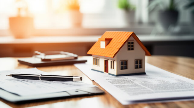Small model house on a table with real estate paperwork