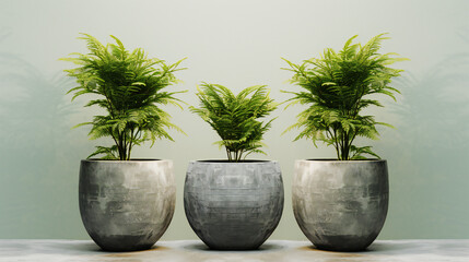 Three Green Plants Grown In Stone Pots