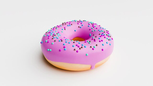 Pink Donut with Sprinkles Rotating on a White Background. Seamless Loop of Doughnut spinning. 3d Rendered Animation of Pastry and Confectionery