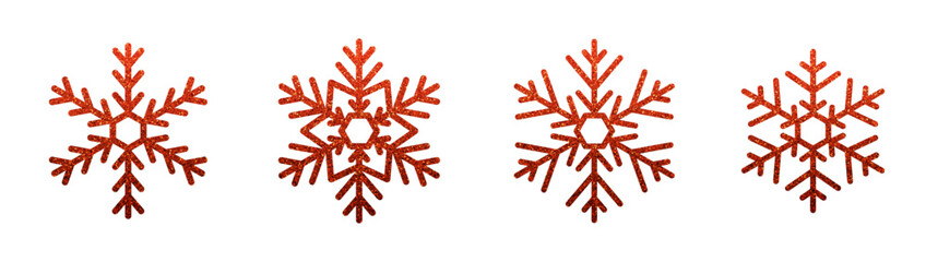Set of detailed shiny red snowflake icons with glittering effect.