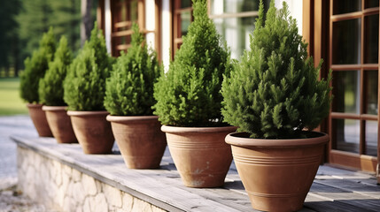 Fototapeta na wymiar Thujas Emerald In Brown Ceramic Plant Pots On The House Porch 