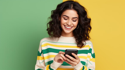 Woman is using a smartphone, wearing a striped sweater against colored background