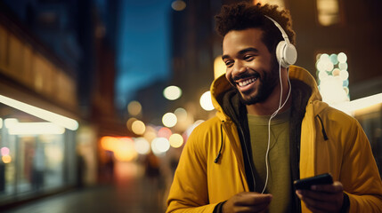 Fototapeta premium Young man smiling while looking at his phone and listening to music with headphones in an urban outdoor setting.