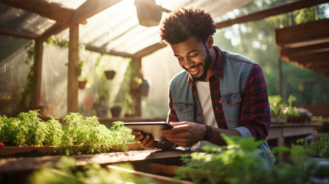 Male farmer stands and holds tablet in her hands in greenhouse - Powered by Adobe