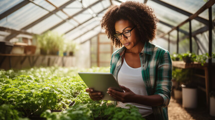 Female farmer stands and holds tablet in her hands in greenhouse