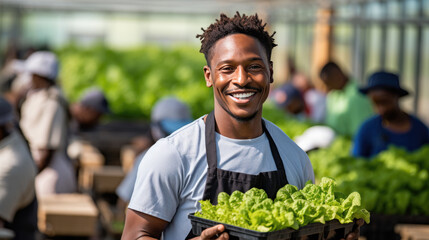 Man farmer in an apron holding fresh lettuce in a greenhouse - obrazy, fototapety, plakaty